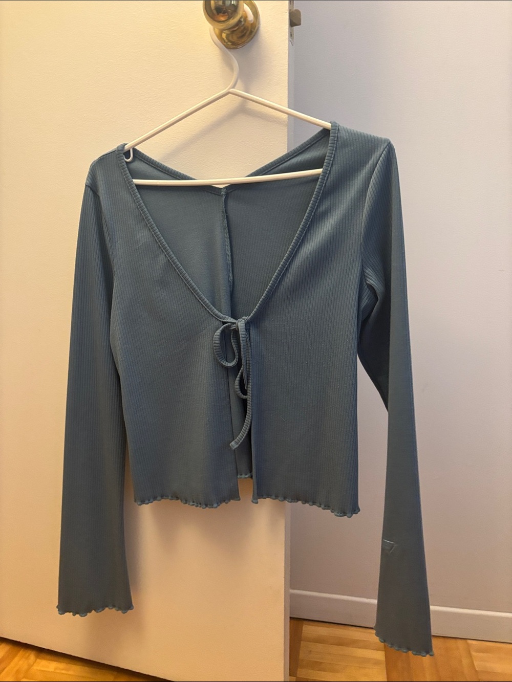 Gymshark Ribbed Tie-Front Long Sleeve Top - Dusty Blue